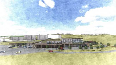 3D-visualisering (rendering) av en bygning sett fra utsiden, med omgivende landskap, parkeringsplass og kjøretøy.