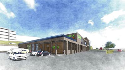 3D-visualisering av en planlagt bygning (butikk eller lagerhall) sett fra utsiden, med bilparkeringsplasser og omgivelser.