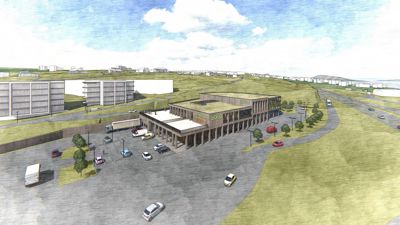 3D-visualisering (rendering) av et byggprosjekt sett fra luften, inkludert omgivelsene, parkeringsplass og trafikk.