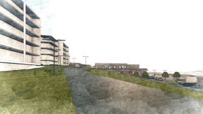 En håndtegnende 3D-visualisering (rendering) som viser en utsikt over et byggeprosjekt med flere bygg, veier og landskap.