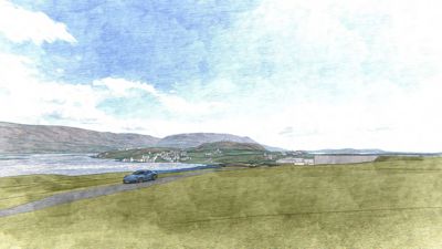 En 3D-visualisering (rendering) som viser et landskap med en vei, en bil og bygninger i bakgrunnen.