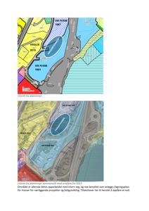 Bildet viser to kartutsnitt (planinnsyn) som illustrerer et område med ulike arealbruksplaner (f.eks. VIKSLIA 2015, VIK M/E68) og en planlagt prosjektområde. Det er også inkludert en ortofoto sammenligning og tekst om at området er opparbeidet med intern veg og benyttet som anleggs-/lagringsplass.