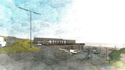 En illustrasjon (rendering) som viser en bygning sett fra utsiden, med omgivelsene inkludert parkeringsplass og kjøretøy.