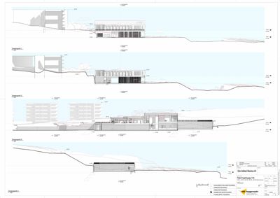 Bildet viser en serie med snittegninger (Tverrsnitt 1-5) som illustrerer bygningens tverrsnitt, høyder og forhold til terrenget.