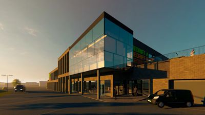 3D-visualisering av en moderne bygning med glassfasade og teglvegger, sett fra gatens perspektiv.