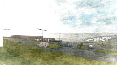 3D-visualisering av en bygning sett fra utsiden, inkludert omgivelsene, parkeringsplass og kjøretøy.