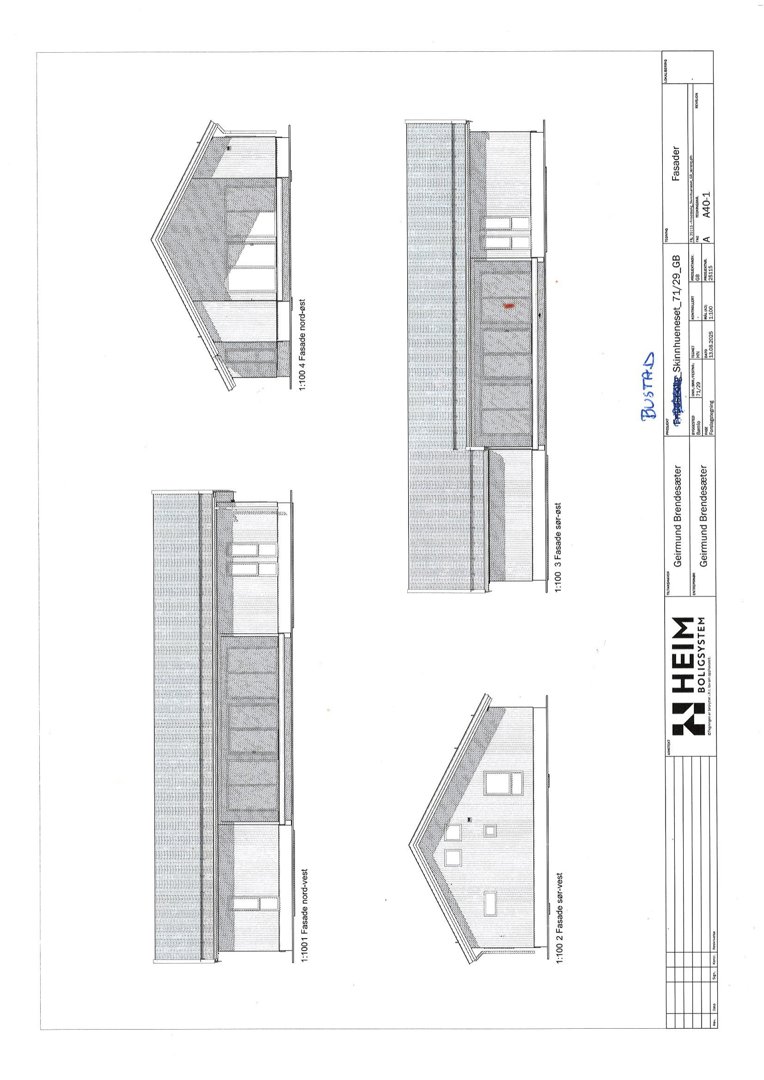 Fasadetegning som viser bygningens utseende fra fire ulike vinkler (vest, øst, sør og nord).
