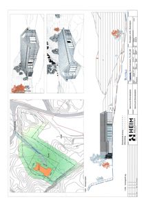 Bildet viser en samling tegninger for et byggeprosjekt, inkludert en situasjonsplan (tomteplan) med konturlinjer og fargekodet areal, samt fasadeopprikk og snitt. Det er også synlig arkitekttegningens logo og tittel.