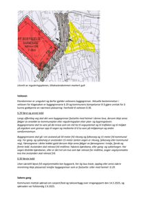 Utsnitt av en reguleringsplan som viser eiendomsgranser, bebyggelse (rødt) og tiltakseiendommen (gult).