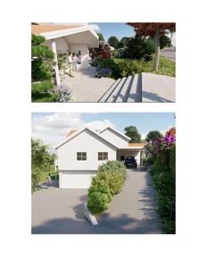 3D-visualiseringer av en planlagt bolig. Øverste bilde viser en detaljert fasade med entré og hage, nederste bilde viser en helhetlig fasade med kjellerport og kjørevei.