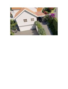 3D-visualisering av en villa sett fra en vinkel som viser fasade, tak, kjellerport og omgivelser.