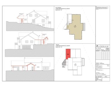 Bildet viser en tegning med etasjeplan (tilplan) og situasjonsplan (plan terreng) for en bygning med garasjeport.