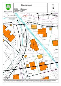 Situasjonskart som viser eiendomsnummer, adresse, nabolagsgrenser, topografi og infrastruktur.