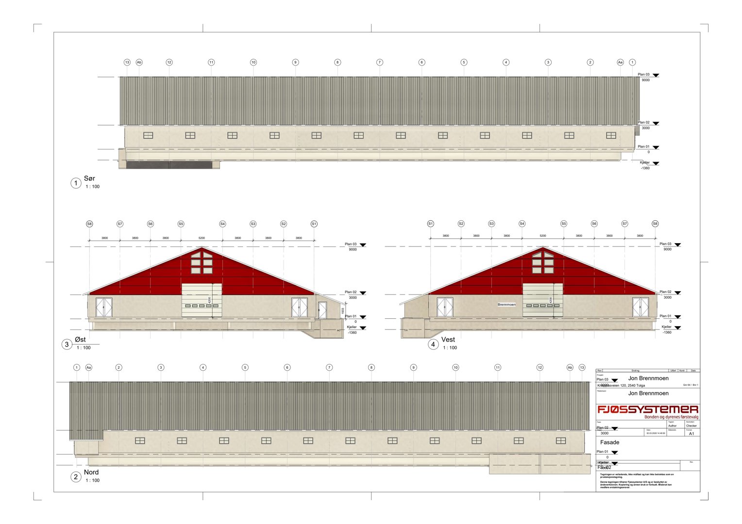 Fasadetegning som viser bygningens utseende fra fire sider (Sør, Øst, Vest, Nord) med detaljer om takform, vinduer og fasadematerialer.