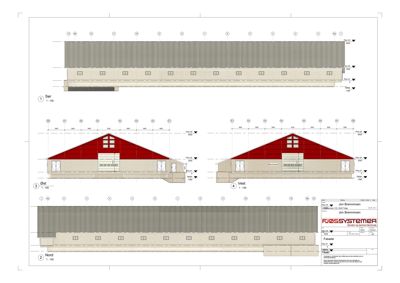 Fasadetegning som viser bygningens utseende fra fire sider (Sør, Øst, Vest, Nord) med detaljer om takform, vinduer og fasadematerialer.