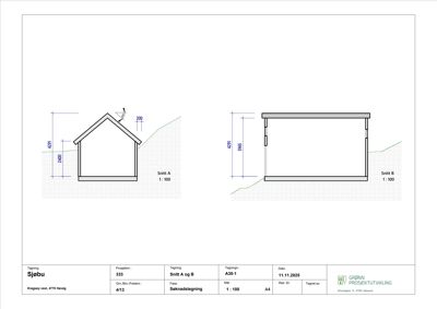 Snittegning (Snitt A og B) som viser tverrsnittet av en bygning med mål og grunnplan.