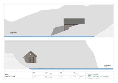 Fasadetegning som viser bygningens utseende sett fra sørøst og sørvest, inkludert terrengforhold.