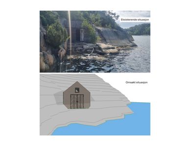 Bildet viser en sammenstilling av en eksisterende situasjonsfotografi og en omsøkt situasjonsvisualisering (rendering) av en bygning ved vann.