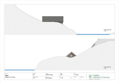 Fasadetegning som viser bygningens utseende sett fra nordvest og nordøst, inkludert terrengforhold og takform.