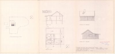 Bildet viser en tegningssamling som inkluderer et situasjonsplan, et snitt (A-A), et etasjeplan og fasadetegninger. Den dominerende og mest informative delen er etasjeplanet med romfordeling.