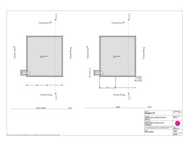 Plantegning av kjelleretasje med romfordeling og fasader.