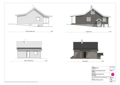 Bildet viser fire fasadetegninger av en bolig, to eksisterende og to planlagte, med målestokk 1:100.