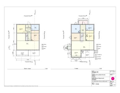 Plantegning av 1. etasje med romfordeling, fasader og dimensjoner.