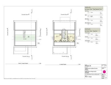 Etasjeplan (2. etasje) med romfordeling, dimensjoner og fasadeopprikk.