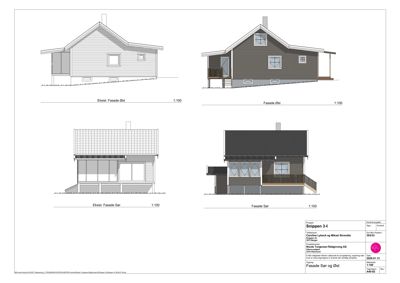Fasadetegninger som viser bygningens utseende fra fire ulike vinkler (Øst, Vest, Sør, Øst).