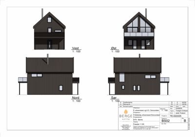 Fasadetegning som viser bygningens utsyn fra fire sider (Nord, Sør, Øst og Vest) med mål 1:100.