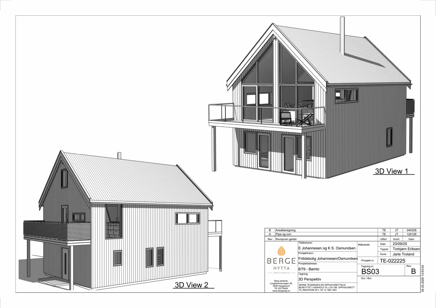 Bildet viser 3D-visualiseringer av en hytte, inkludert et frontperspektiv og et sideperspektiv.