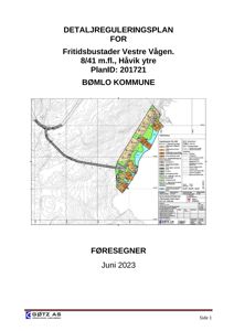 Situasjonsplan eller detaljreguleringsplan som viser tomtens form, grenser og bygningsplassering i et landskap.