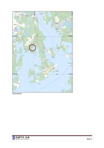 Oversiktskart over et kystområde med bygningsplassering markert med en rød sirkel.