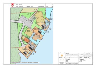 Situasjonsplan som viser tomtens form, grenser, naboeiendommer og plassering av bygningene.