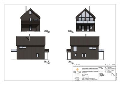 Fasadetegning som viser bygningens utseende fra fire sider (Nord, Sør, Vest, Øst).