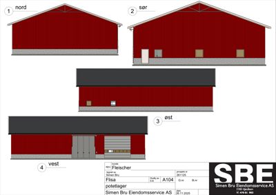 Fasadetegning som viser bygningens utsyn mot nord, sør, øst og vest med detaljer om tak, vegger og vinduer.