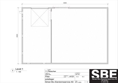 Etasjeplan (Level 1) som viser romfordeling, vegger og dimensjoner for et potetlager.