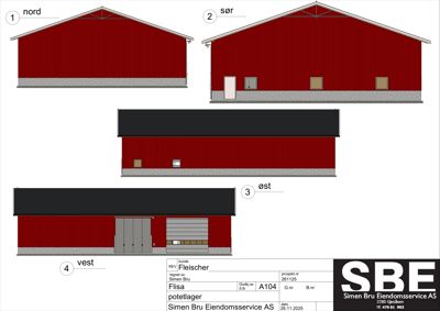 Fasadetegning som viser bygningens utsyn mot nord, sør, øst og vest.