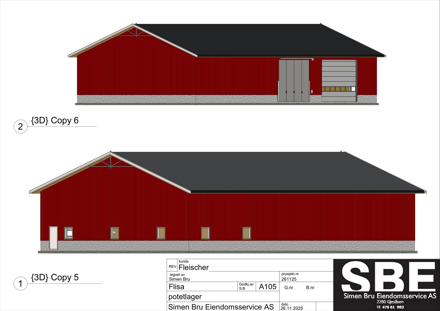 3D-visualisering (rendering) av en bygning sett fra to ulike vinkler (for- og sidefasade).