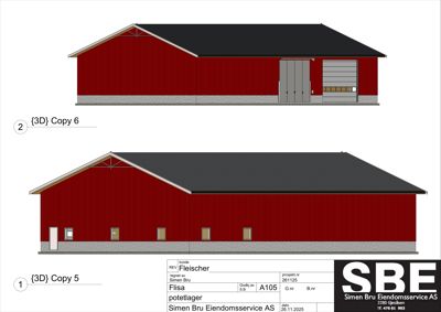 3D-visualisering (rendering) av en bygning sett fra to ulike vinkler (for- og sidefasade).