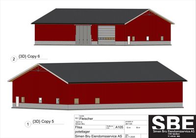Bildet viser to fasadetegninger (opprikk) av en rød bygning sett fra ulike vinkler. Det er også en tegningsblokk nederst.
