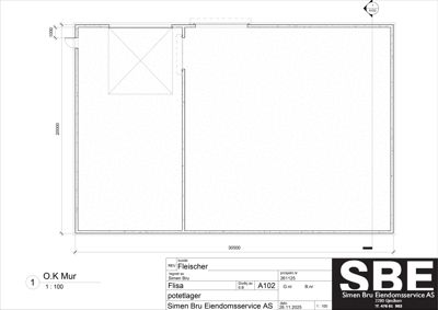 Etasjeplan (potetlager) med romfordeling, dimensjoner og innvendige vegger.