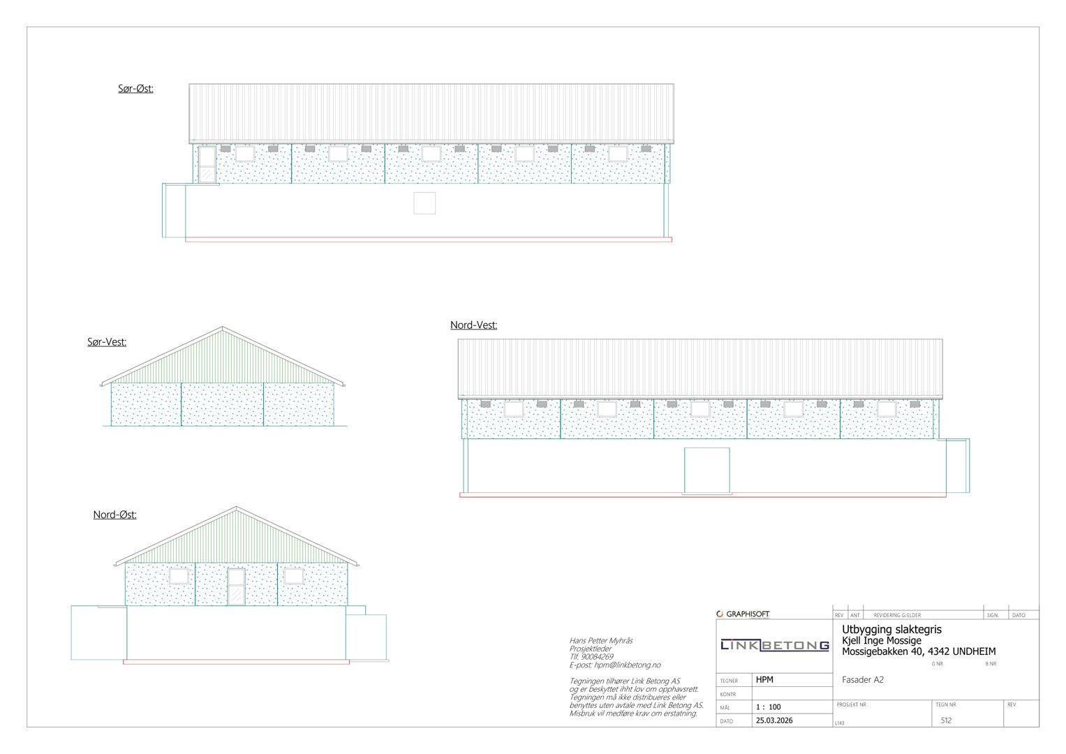 Fasadetegning som viser bygningens utsyn fra fire ulike vinkler: Sør-Øst, Sør-Vest, Nord-Vest og Nord-Øst.