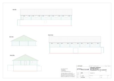 Fasadetegning som viser bygningens utsyn fra fire ulike vinkler: Sør-Øst, Sør-Vest, Nord-Vest og Nord-Øst.