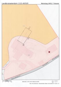 Situasjonsplan (tomtekart) som viser eiendomsnummer, markslag, veier og bygningsplassering.