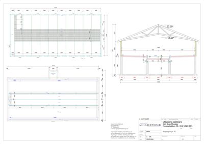 Tegning som viser detaljerte konstruksjonsdetaljer for takkonstruksjon (takram) og fundament (fundamentplan).