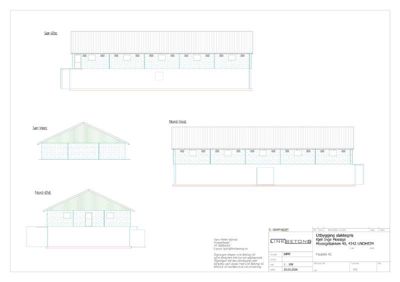 Fasadetegning som viser bygningens utsyn fra fire ulike vinkler: Sør-Øst, Sør-Vest, Nord-Vest og Nord-Øst.