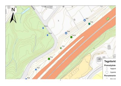 Kart over et område med topografiske linjer, veier, og markerte prøvetakingspunkter (PG) for jordundersøkelser.