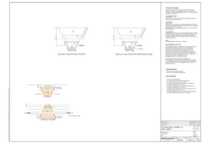 Detaljtegning som viser konstruksjonen av en grøftesett med spesifikke materialer og dimensjoner.