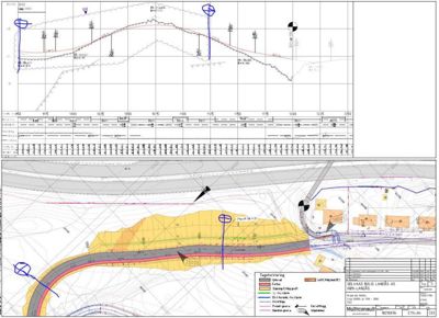 Situasjonsplan som viser terrengform, vegforløp, bygningers plassering og fargekodet informasjon om grunnforhold (f.eks. sprengning eller fyll).